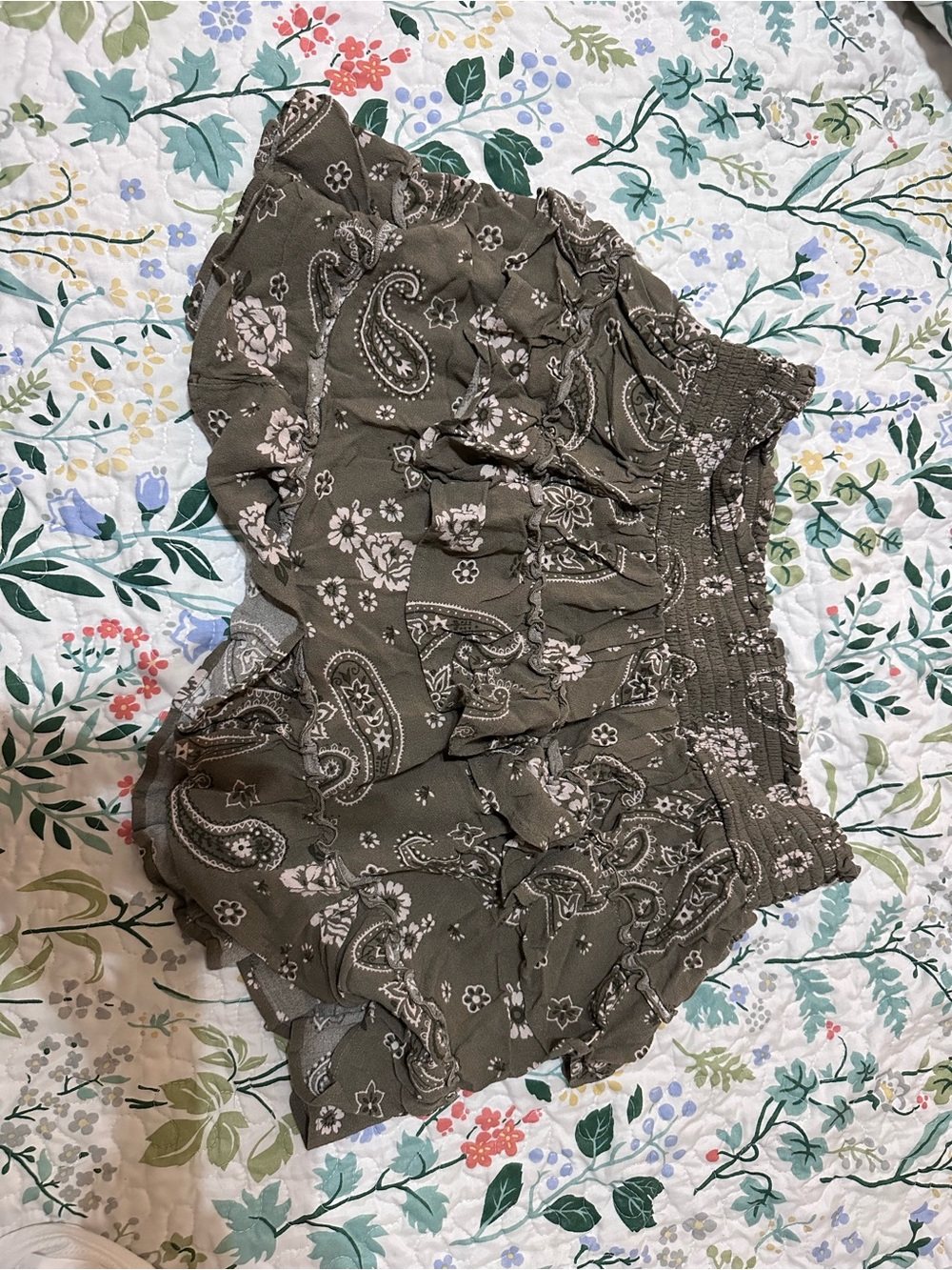 aerie Olive Paisley Ruffle High-Waist Skirt